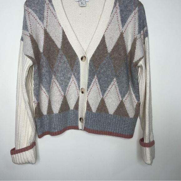 Rachel Zoe Academia Argyle Preppy Cardigan Sweater Size S Neutral Long Sleeve - Picture 11 of 12